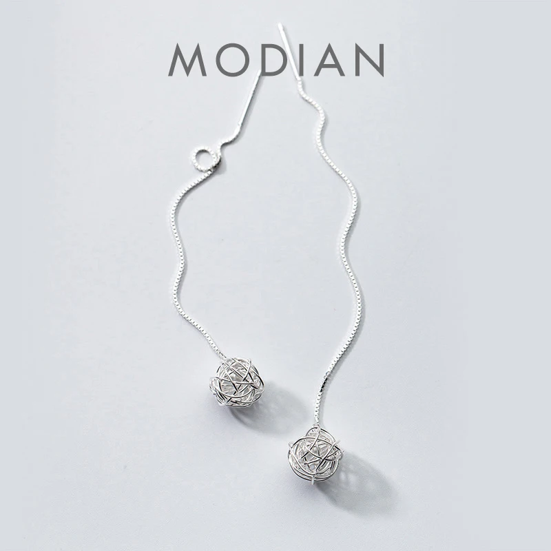 Modian Minimalism Unique Design Long Chain Ball Earrings for Women 925 Sterling Silver Dangle Earings Korean Drop Ear Jewelry