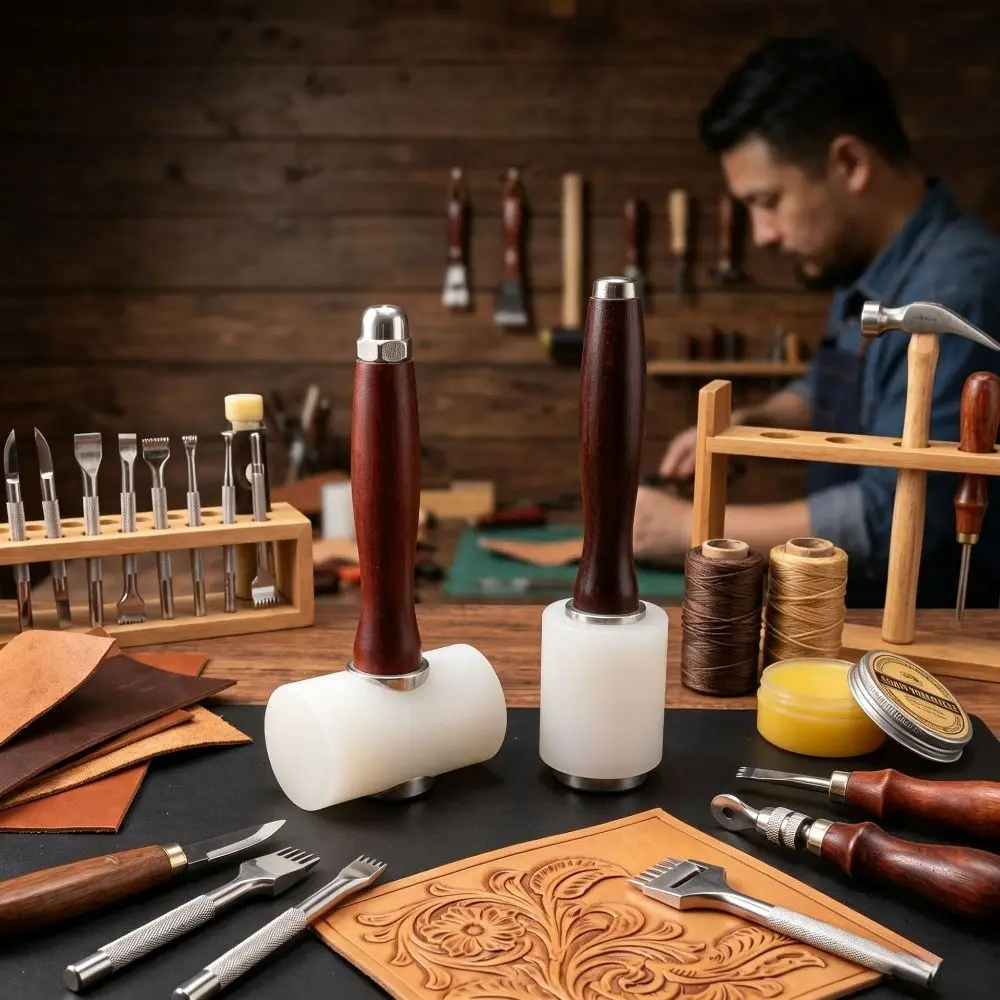 Practical Nylon T Head Carving Hammer Wood Handle Leather Carving Stamping Hammer Cowhide Tool Sewing Mallet Leathercraft