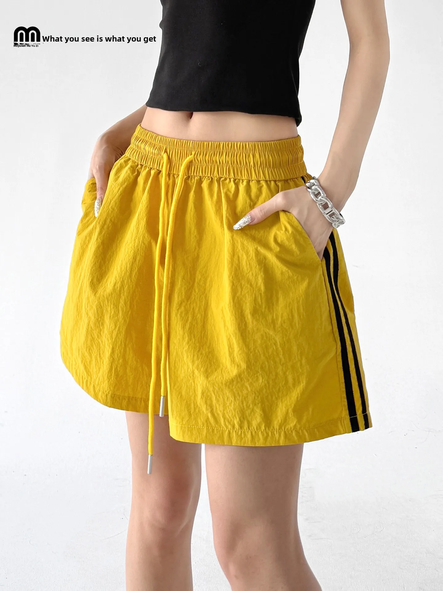 

American Sports Women's High Waist Shorts Summer New Color Block Striped Outdoor Play Casual Pants Wide Leg Comfortable Fit