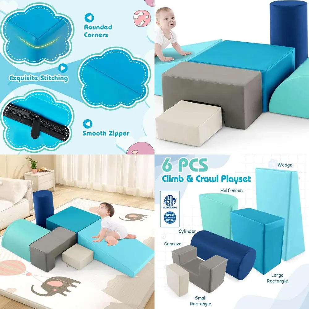 Set da gioco da arrampicata per bambini da 6 pezzi con copertura in PU per bambini striscianti, arrampicata e camminare - Blocchi di schiuma per interni (blu)