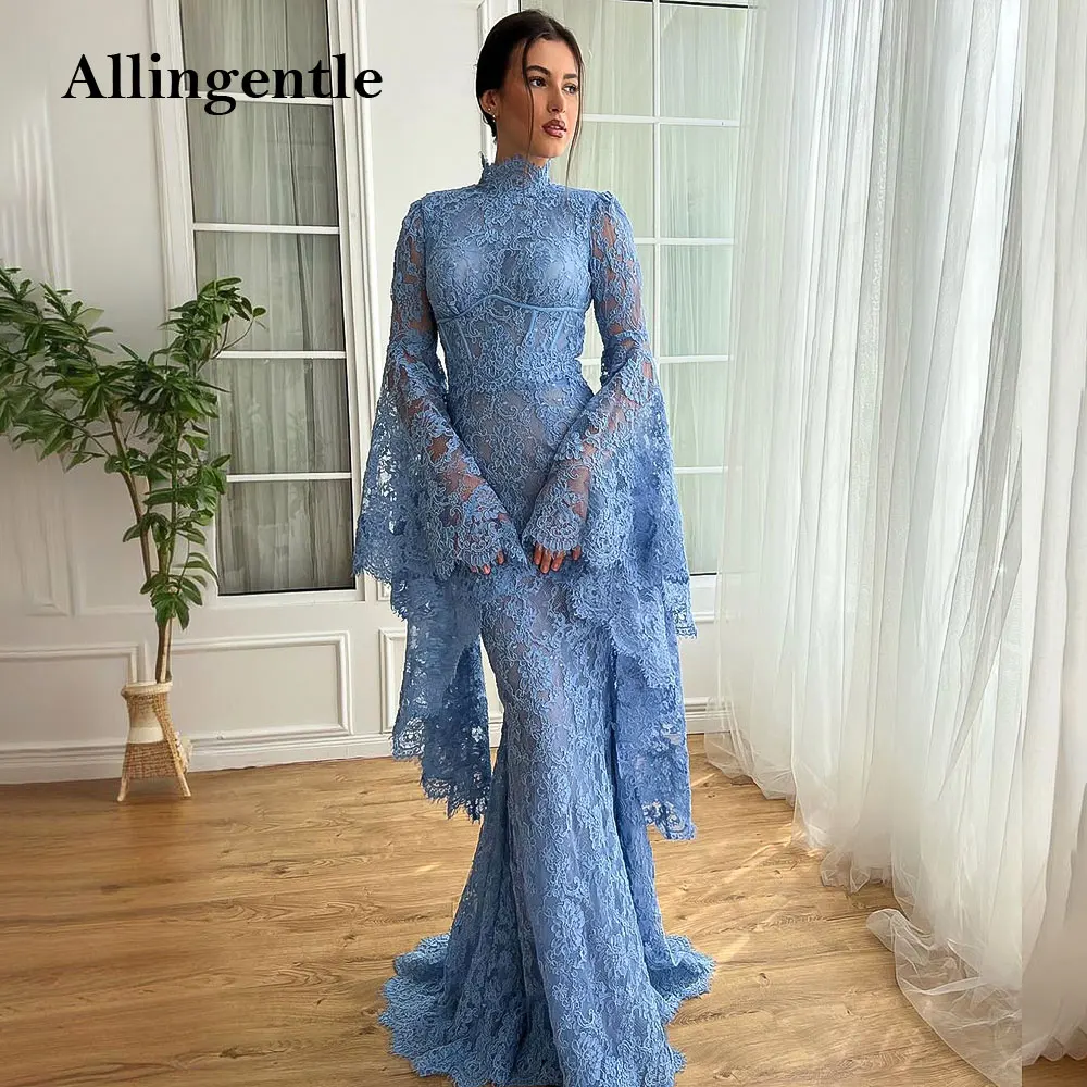 

Саудовская Аравия Кружевные вечерние платья русалки Расклешенное вечернее платье с длинными рукавами и высоким воротом Vestidos de Noche Синее платье для выпускного вечера по индивидуальному заказу