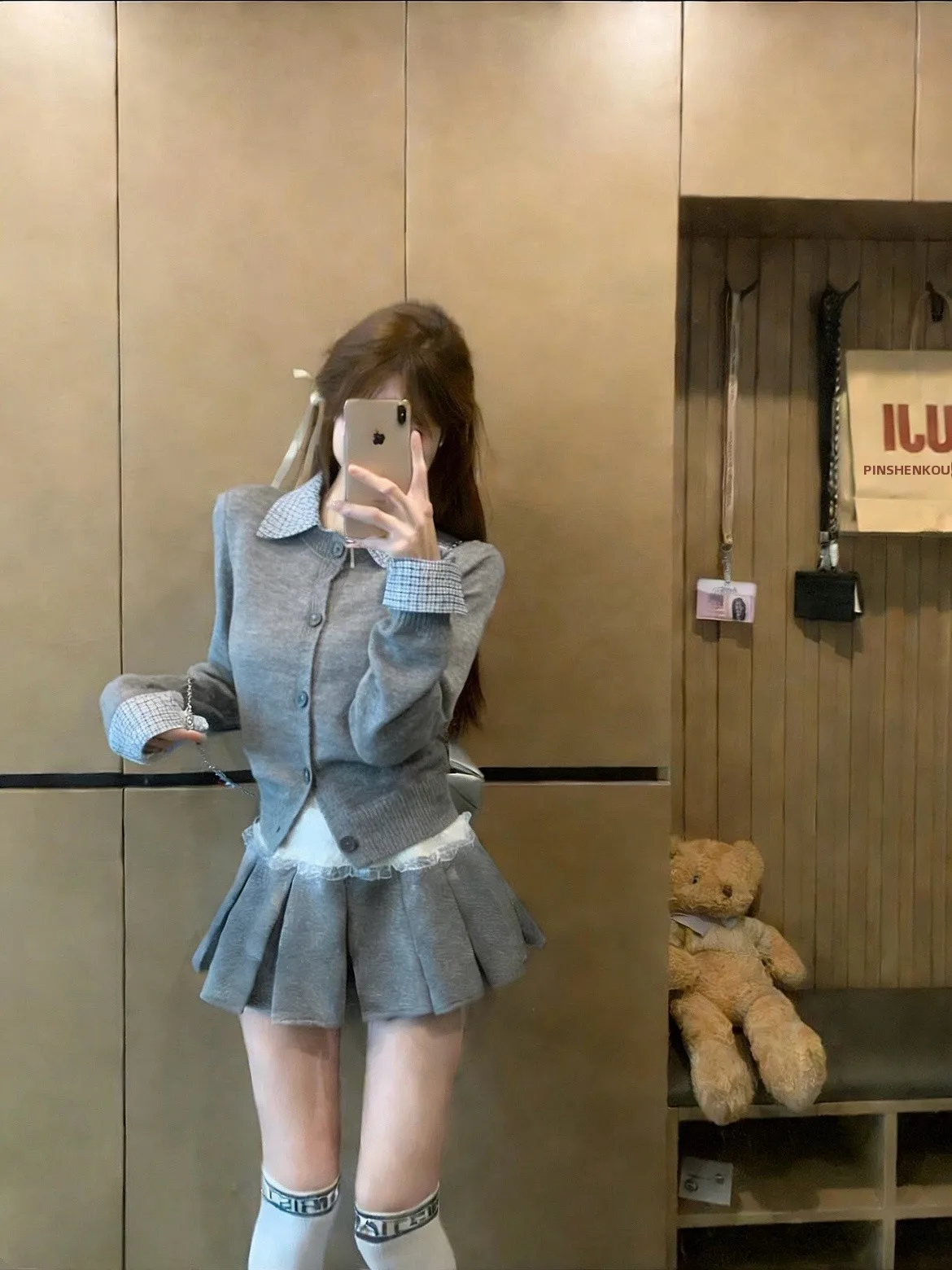 

Korean Sle Knitted Embroidered Plaid Collar Patchwork Fake Two-Piece Spring Versatile Ladies' Soft Warm Long Sve Top