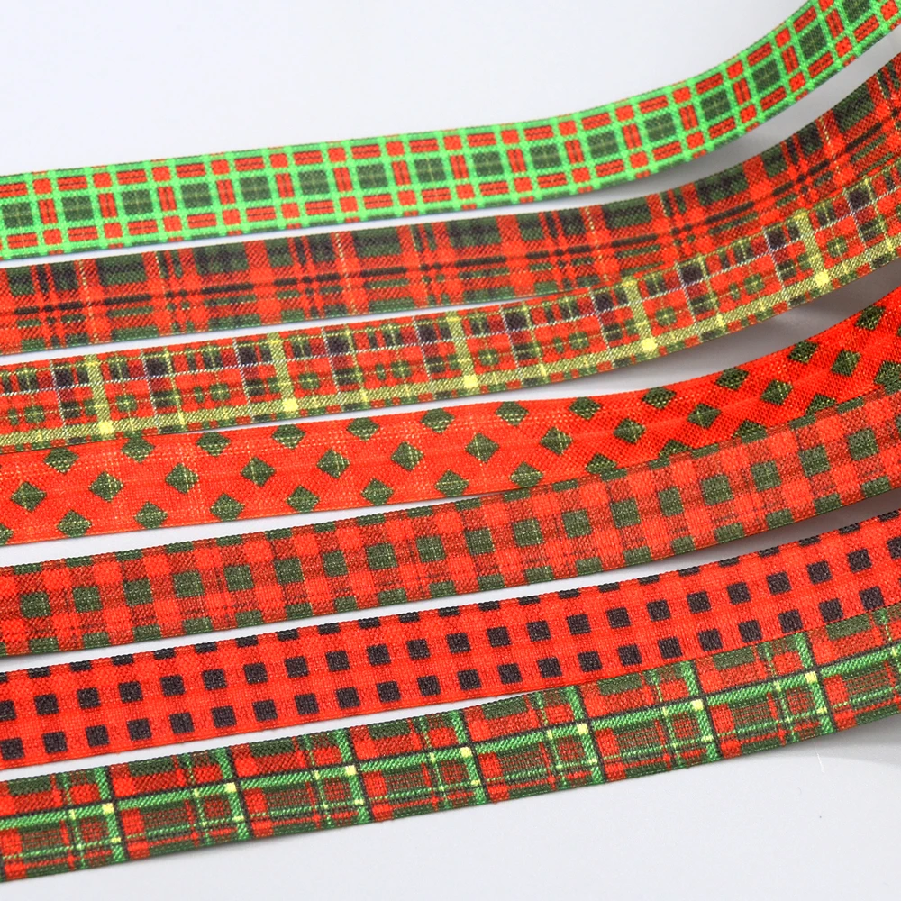 DHK 5/8'' 50yards Christmas Plaid Grid Checked Printed Fold Elastic FOE Stretch Ribbon Accessories Craft DIY Sewing S2449