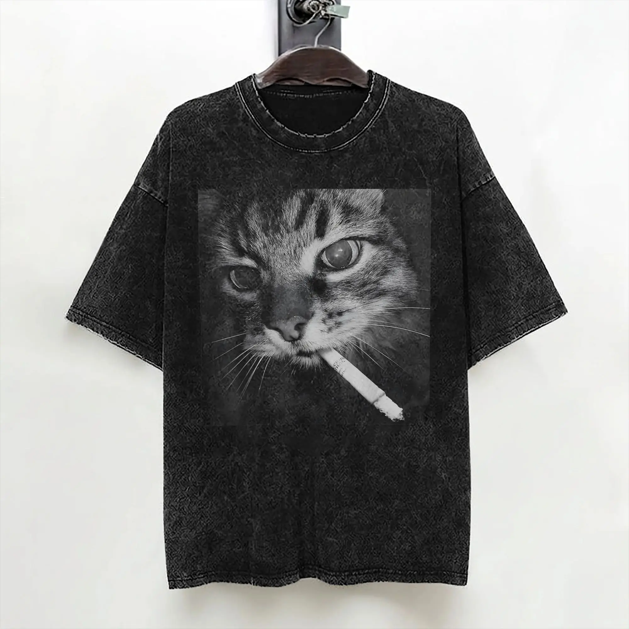 Cat Smoking Meme Kitty T Shirt Washed 100% Cotton Oversize T-Shirt  Cool Men Women Streetwear Graphic Printed Tees