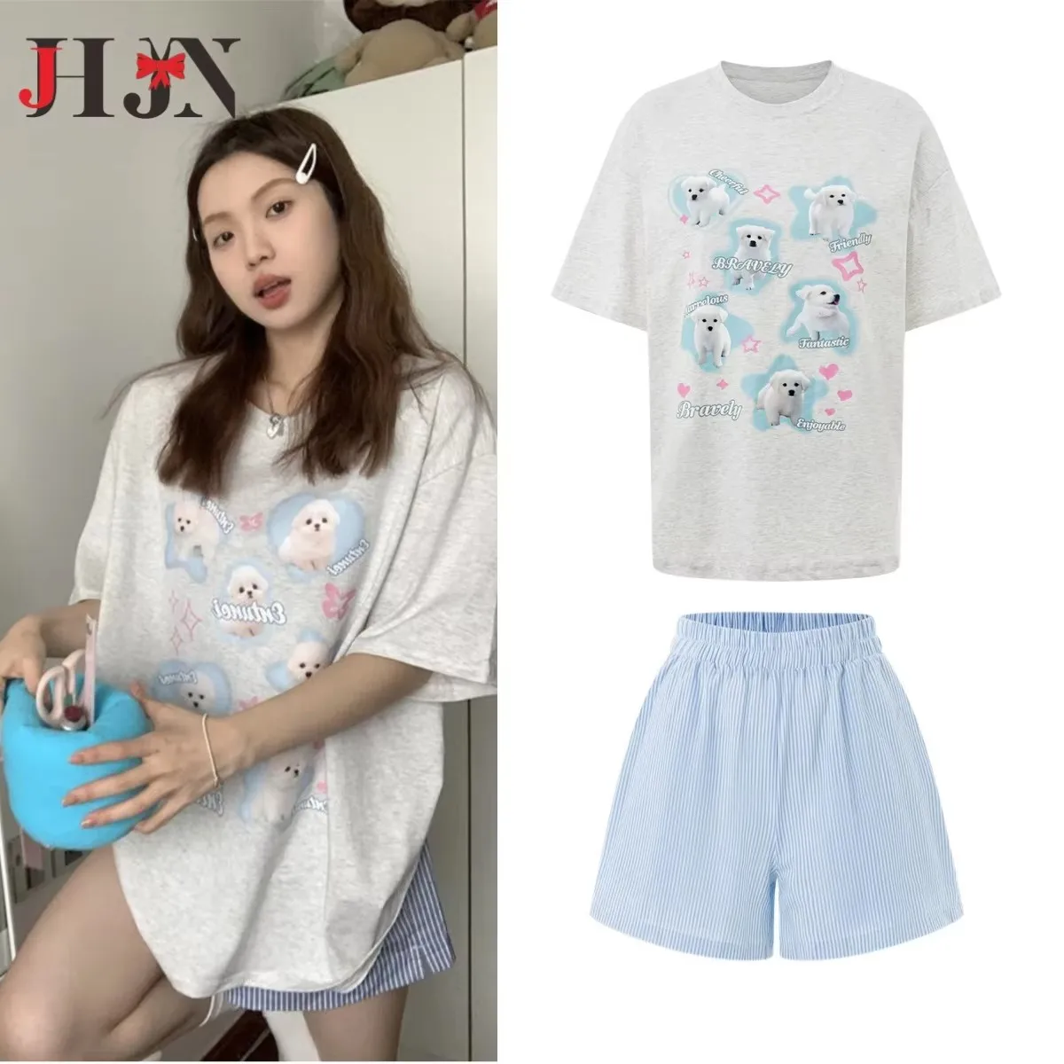 JHJN 2025 Summer Korean Loose Sweet Nightwear Sleeve+ Shorts 2 Pieces Girls Cute Dog Print Pyjamas T-Shirt Women'S Clothing