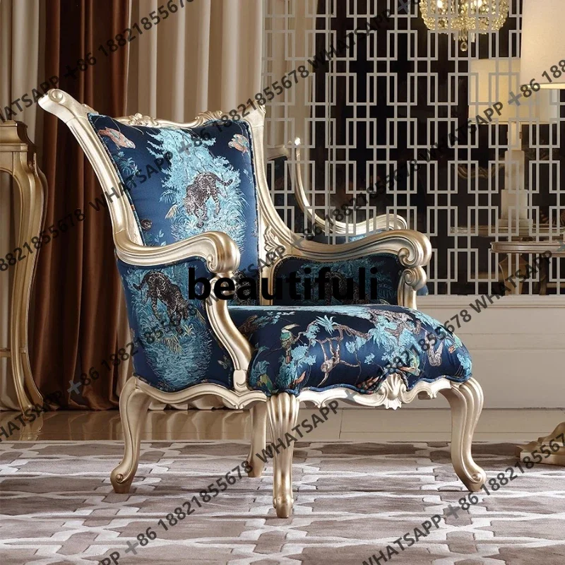 

French light luxury solid wood carving flower fabric single sofa European villa leisure master chair SE1