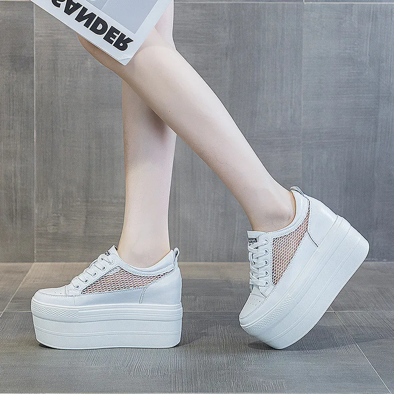 11 سنتيمتر أحذية منصة المرأة الصيف تنفس شبكة الإناث أحذية رياضية موضة سميكة وحيد المرأة جلد طبيعي إسفين حذاء مكتنزة #4