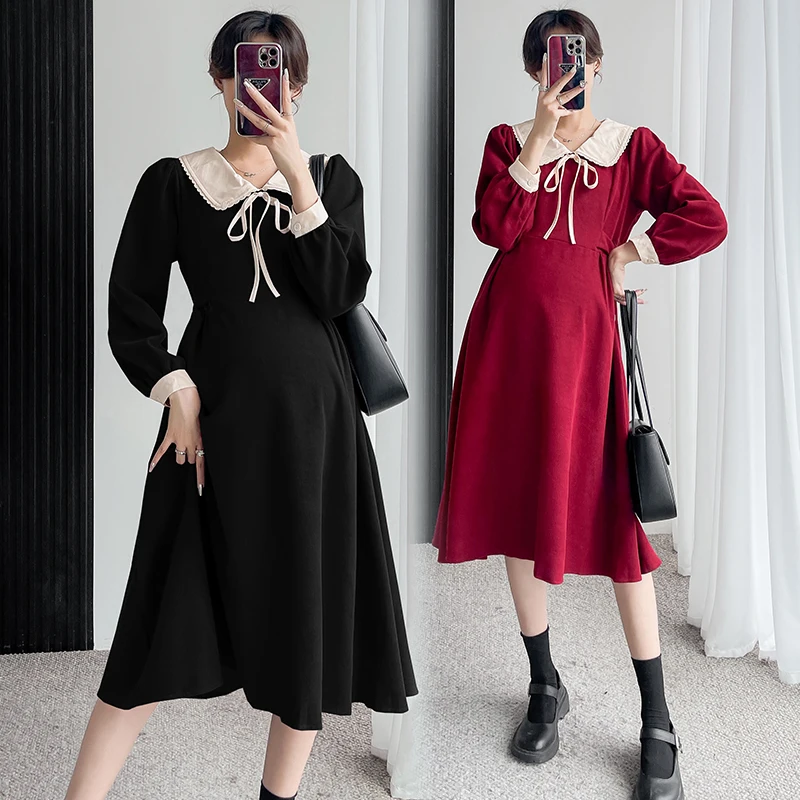 

2024 Autumn Winter Pregnant Woman Dress Block Color Peter Pan Collar Long Sleeve Maternity A-line Dress Preppy Style Midi Dress