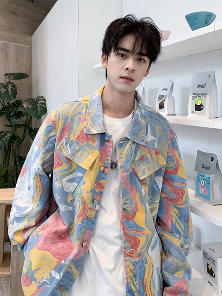 

Свободный мужской джинсовый тюнер, весенне-осенний дизайн с принтом тай-дай, повседневная рабочая одежда, молодежный модный топ из чистого электронной коммерции