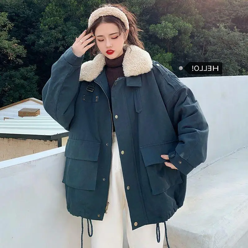 

Women's Coat winter autumn Jacket Outerwear Warm Fleece Lined Hong Kong Style Student Korean Loose Sherpa Thick Quilted Coat