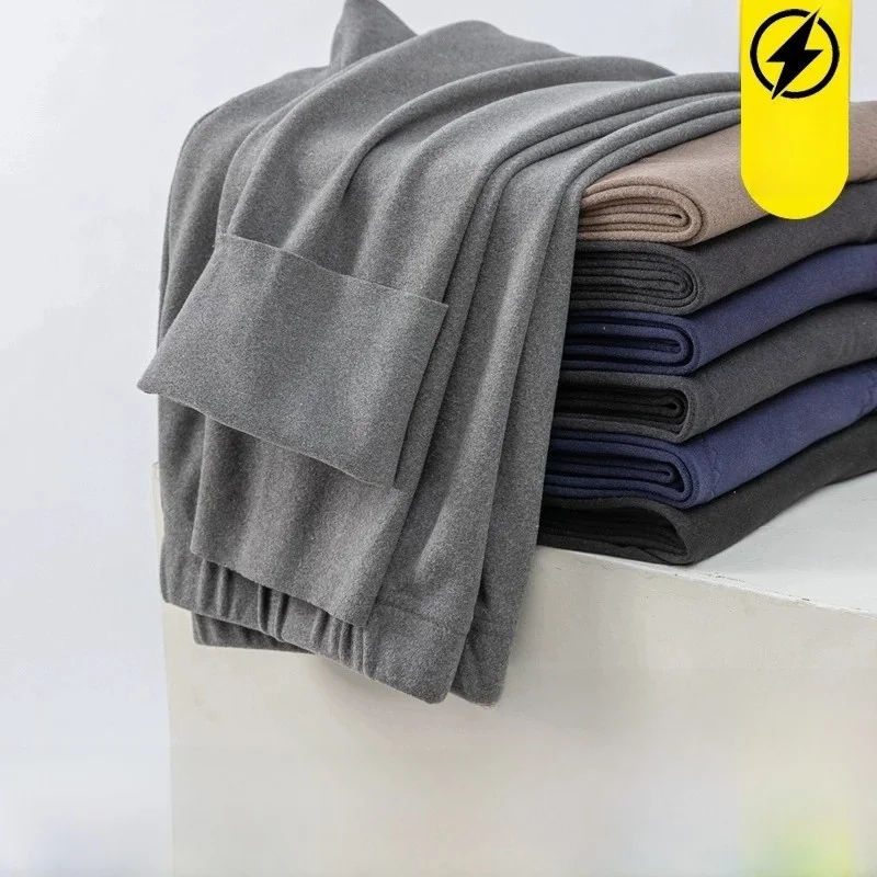 Men's Seamless Double-sided German Velvet Thermal Slim Straight Leggings Autumn Winter Warm Casual Pants Polyester Fiber
