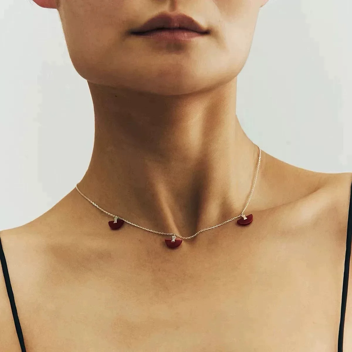 Withered Tailtail Tenon Fan-shaped Natural Red Agate Earrings Necklace Women's Silver Needle Earrings