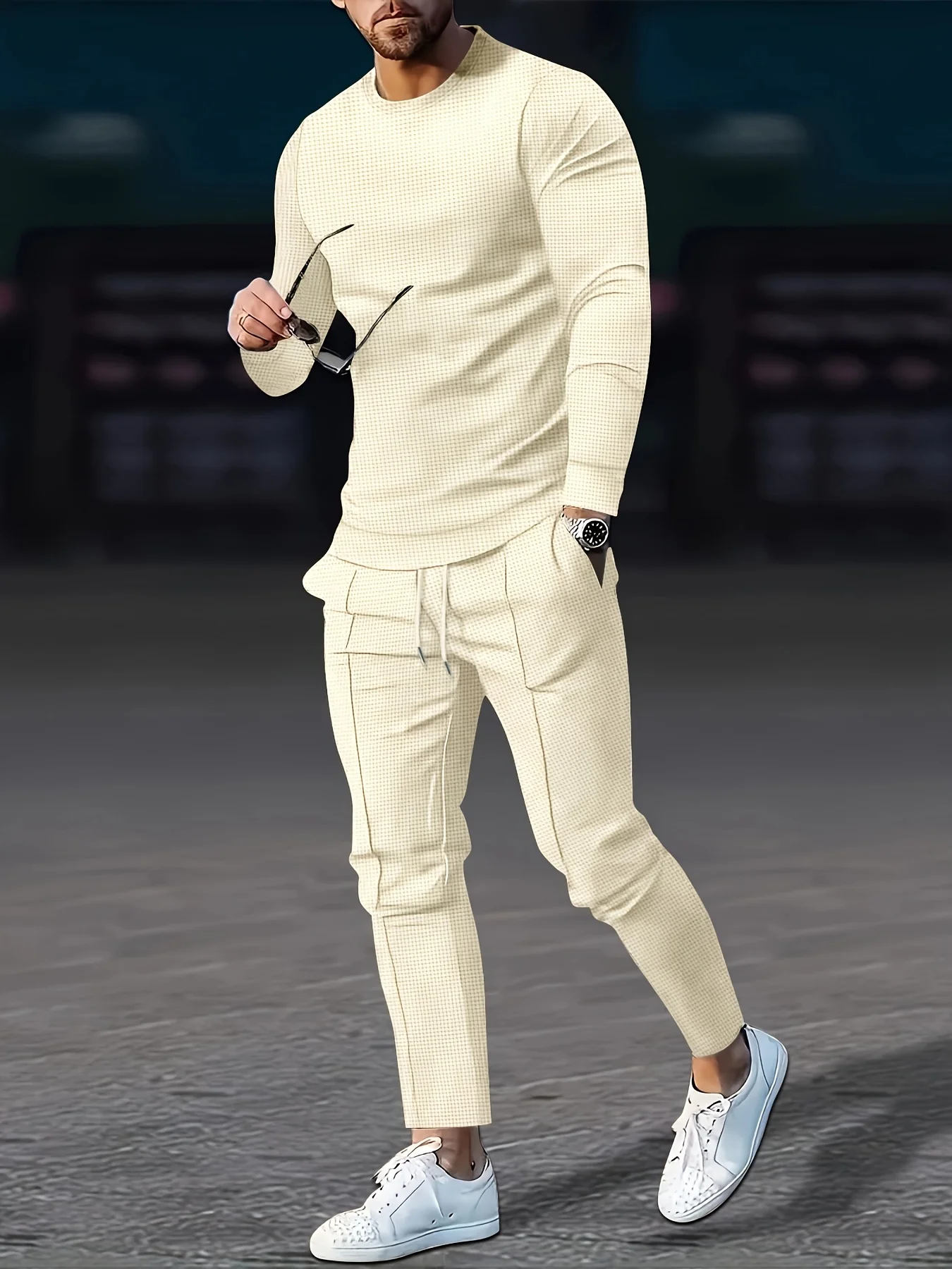 

Waffle Pattern Men's 2Pcs Outfits Casual Crew Neck Long Sleeve Pullover Sweatshirt And Sweatpants Joggers Set For Spring Fall