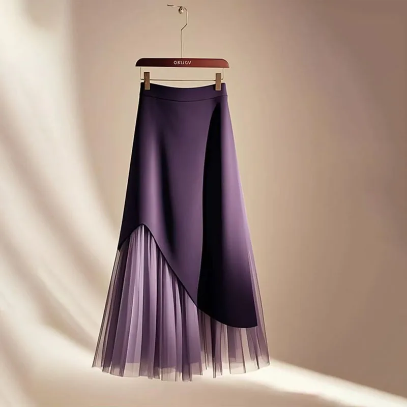 Spring French Elegance High-End Purple Patchwork Mesh A-Line Skirt