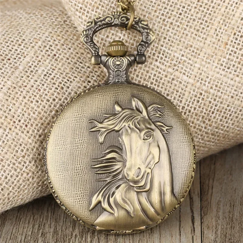 Bronze Horse Design Arabic Number Quartz Movement Clock for Men Women Long Necklace Chain Animal Timepiece Gift