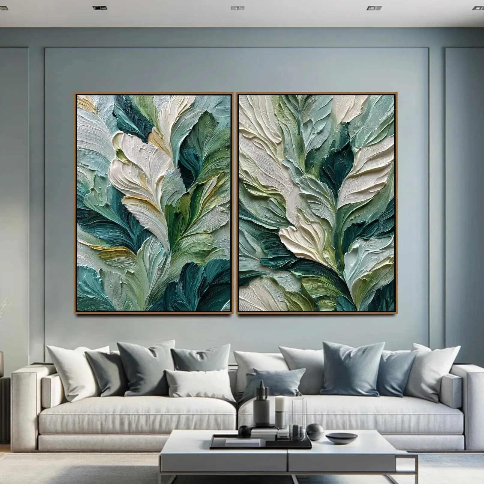 Thick Impasto Green Leaf Abstract Canvas Wall Art Set Minimalist Teal Neutral Botanical Diptych Poster for Modern Home Decor