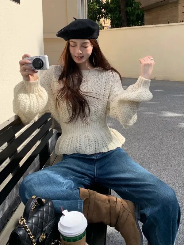 

Женский свитер Ele с ажурной вязкой и рукавами-фонариками, весенний, облегающий, мягкий, вязаный топ в корейском стиле для повседневной носки