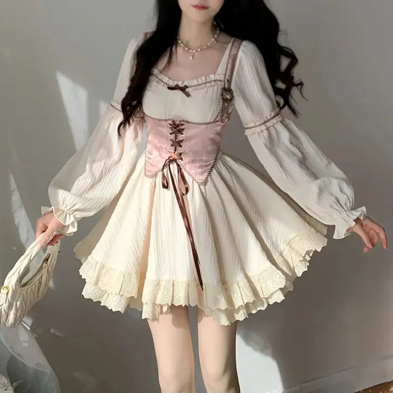 

Korea Square Neckline Bow Long Sleeved Vest Princess Dress Spring New High-End Niche Slimming 2 Piece Set Dresses