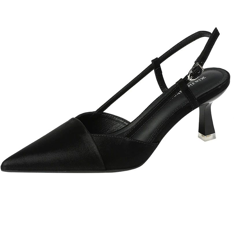 

Простые туфли на высоком каблуке с острым носком, Новое поступление, женская обувь Slandas на тонком каблуке с ремешком сзади, модная обувь