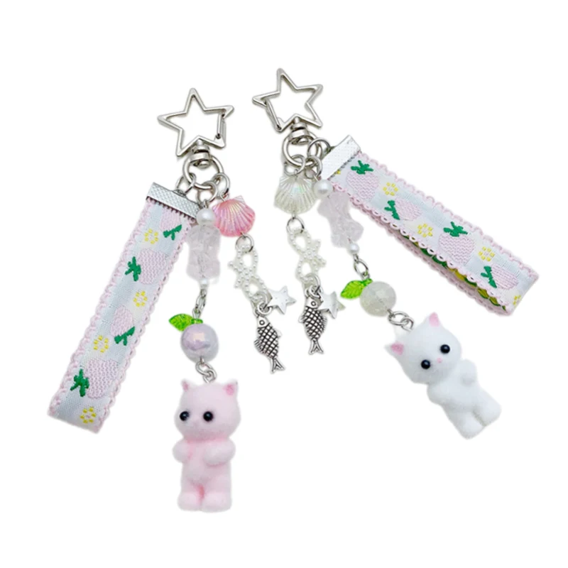 Flocking Cat Bear Keyring Bowknot Pendant Keychain Bows Phone Lanyard Animal Key Chain Charm Accessories Car Keys Holder