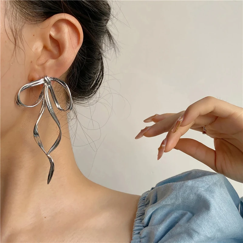Korean Design Fashion Simple Silver Color Metal Line Bow Earrings Elegant Big Long Bowknot Drop Earrings Female Party Jewelry