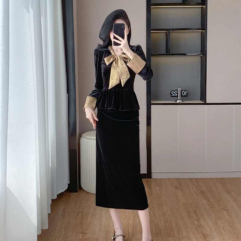 Office Ladies Velvet Two Piece Set New Autumn Winter Gold Lacu Up Bow Collar Ruffles Top + Split Velour Pencil Midi Skirt Suits