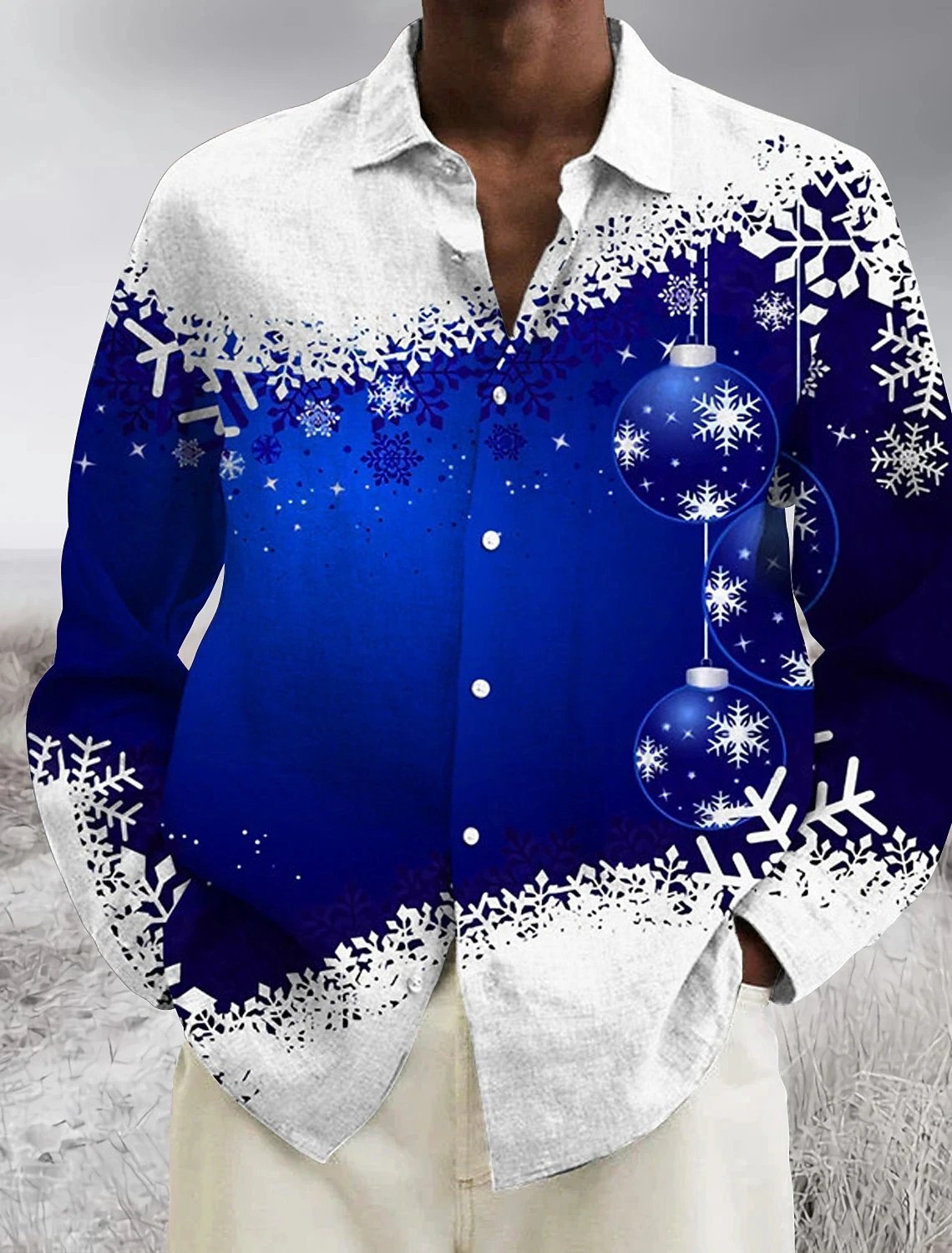 

2024 men's button up shirt 3D printed long sleeved high-end shirt Christmas style fashionable hot selling white and blue