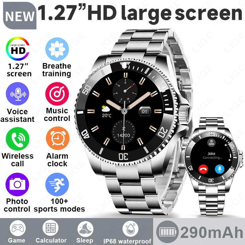 LIGE Smart Watch 1.27" HD Large Screen Waterproof 100+ Sports Modes Fitness Tracker Voice Assistant Wireless Calling smart watch