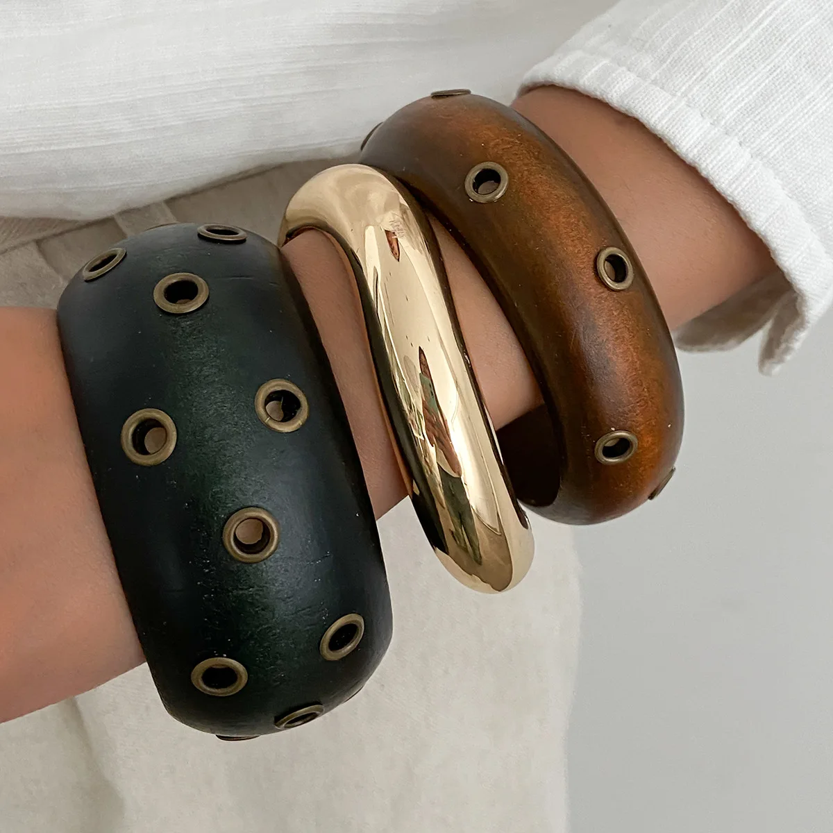 Irregular Hyperbole Maillard Coffee Black Wooden Cuff Bangles Punk Round Geometric Wide Bracelets Chunky Pulseras Mujer Jewelry