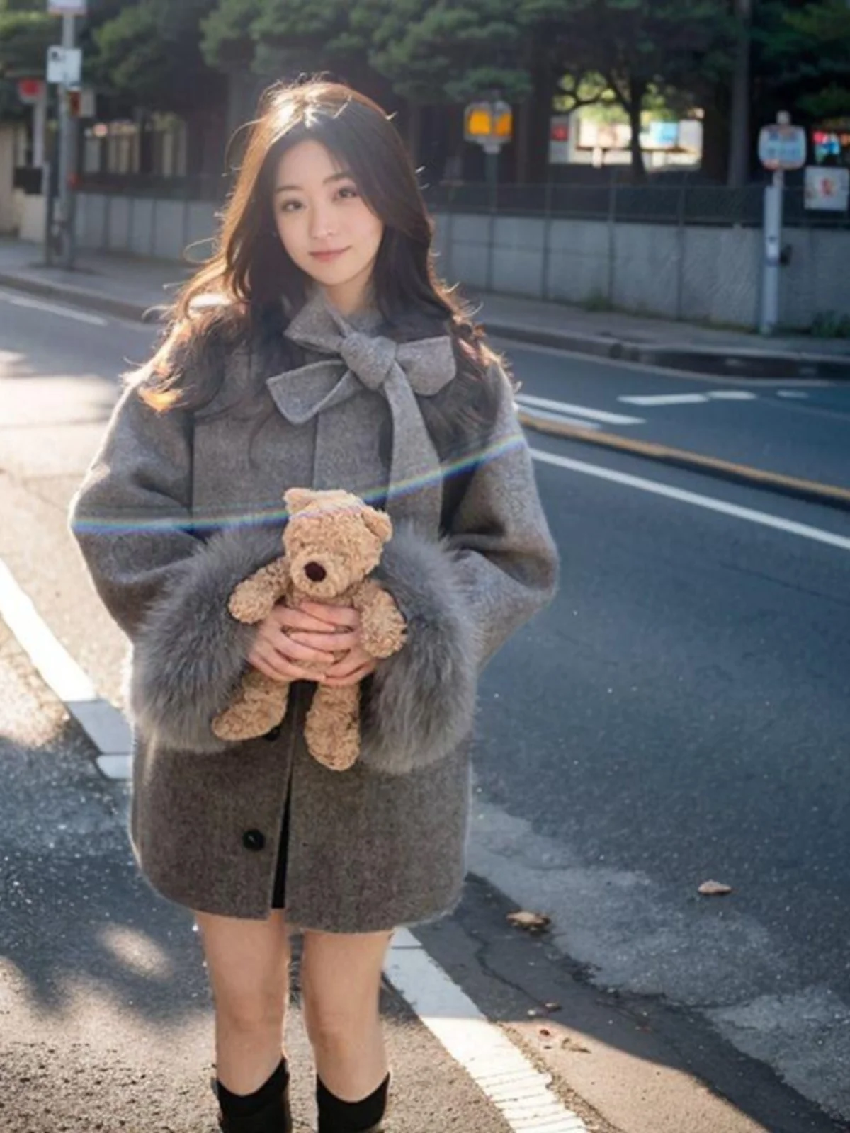 

Hebe Sle ey Woolen Coat Women's Autumn Winter New Medium Length Cloak Coat Small Size f Open Collar Single Button