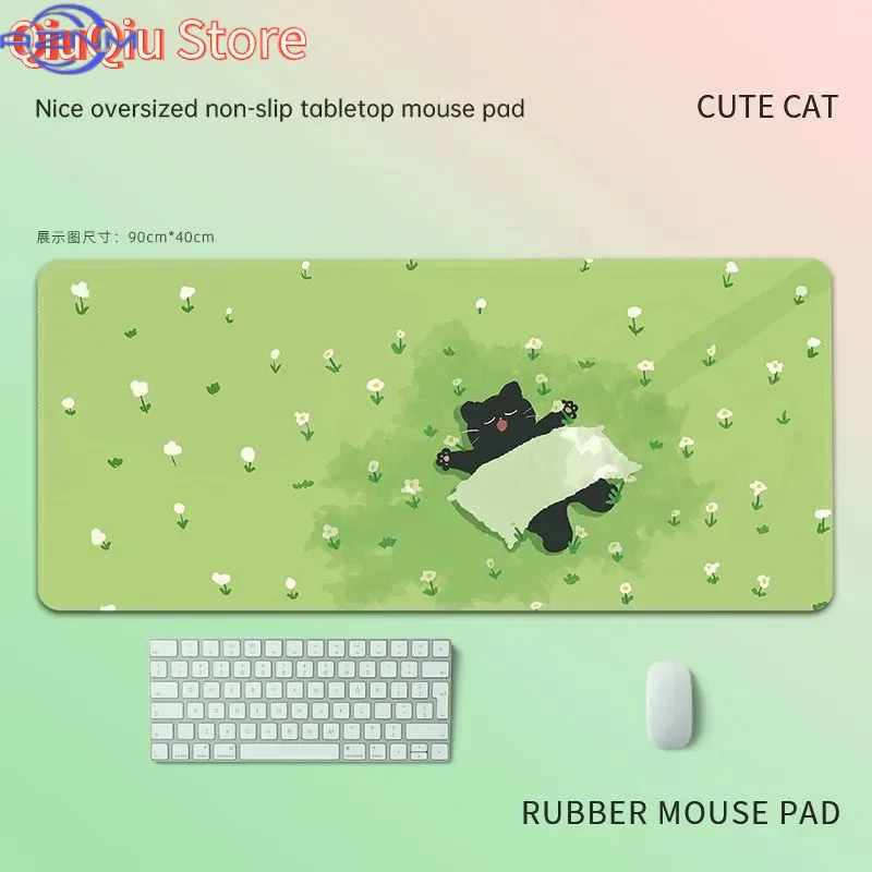 Cute Spring Garden Black Cat Mousepad,Waterproof Non‑Slip Pastel Floral Scenery Mousepad Art Home Office Desk Decor