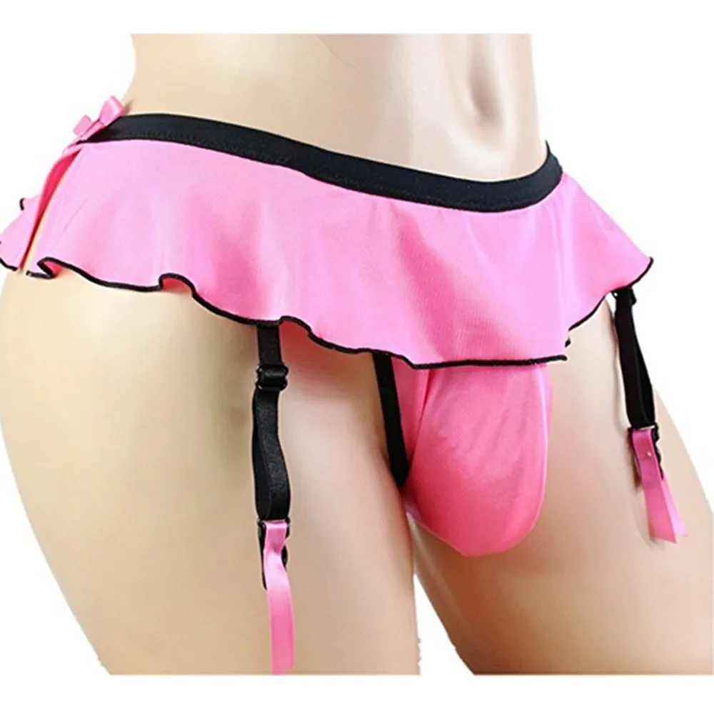 

Men Sexy Sissy Ruffled Decor Briefs T-back Low Rise Thongs Suspender Sock Clip Underwear Big Pouch U Convex Erotic G-string