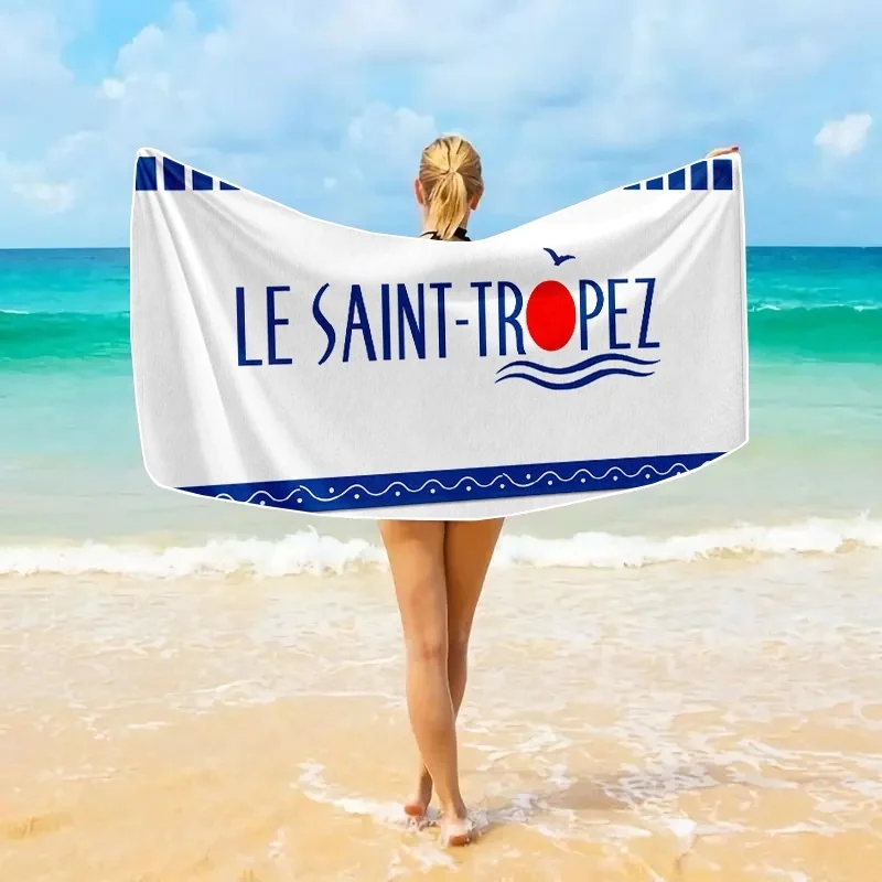 Toalla de Playa LE SAINT-TROPEZ con Estampado de Letras, Blanca y Azul, Simple, de Microfibra, Grande y Absorbente, para Piscina