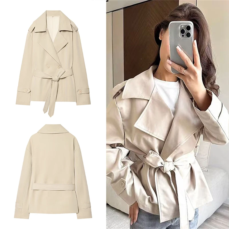 Guobioziy Vintage Short Trench Coat with Lapel  Double-Breasted Design British Style Long Sleeves Casual Short Windbreaker Coat
