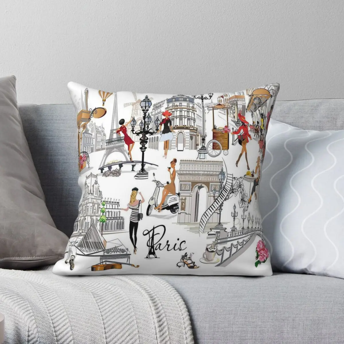 Travel To Paris Square Pillowcase Polyester Linen Velvet Printed Zip Decor Throw Pillow Case Car Cushion Case 45x45