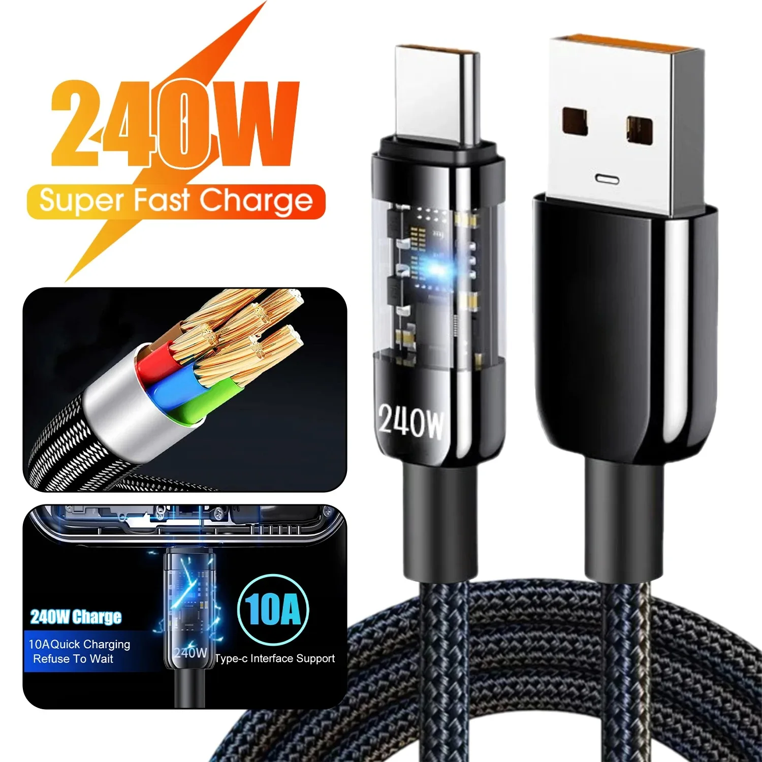 240W Nylon-Kabel USB Typ C Superschnelles Ladekabel für Samsung Xiaomi Huawei Honor LED Digitalanzeige Schnellladegerät Datenkabel