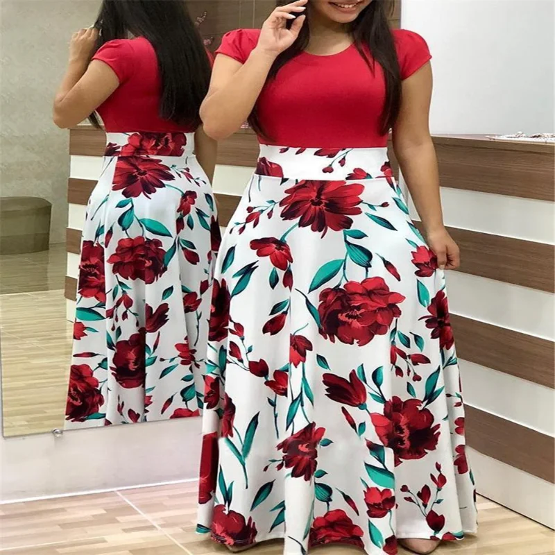 

Women Summer Bohemian Digital Print Dress European Style Floral Color Block Round Neck Short Sleeve Plus Size Casual Dress