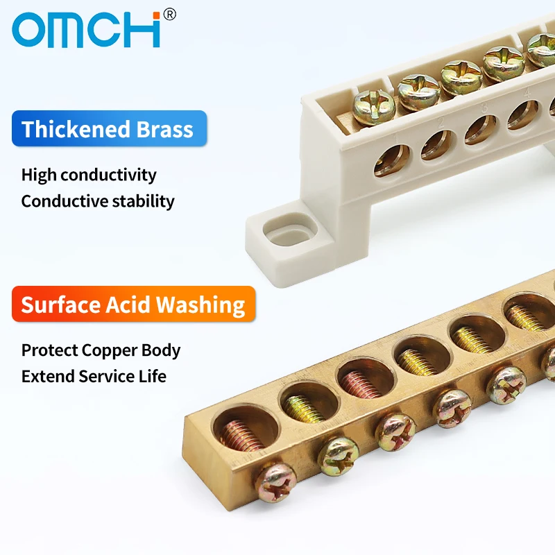 OMCH Single Row N/PE Terminal Bar 3-15 Holes Brass Connector with Insulated Base for Electrical Distribution Box