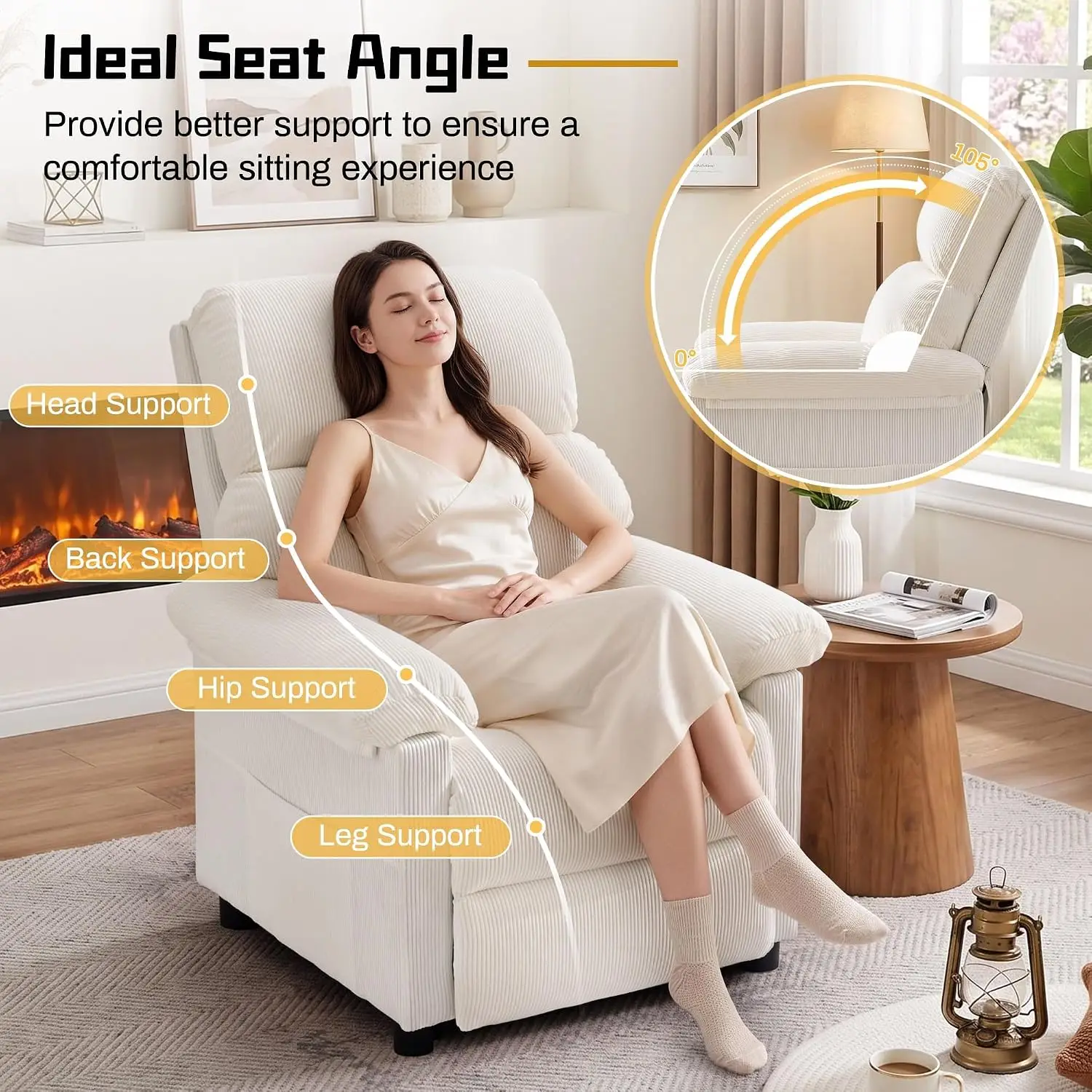 Small Manual Recliner Chair with Side Pockets for Living Room & Nursery, Corduroy, Beige, Customized