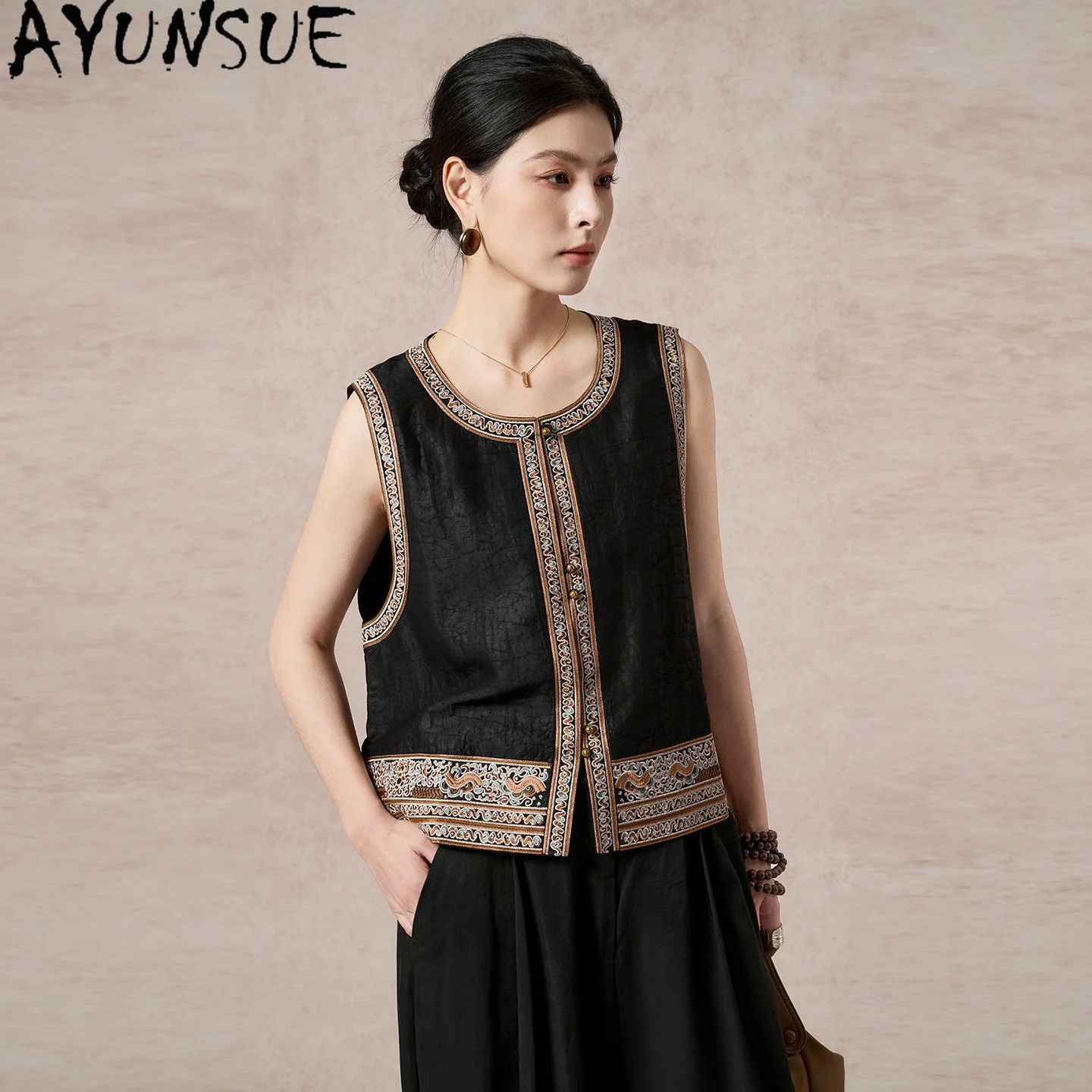 AYUNSUE 100% Mulberry Silk Vest for Women Xiangyunsha Chinese Style Women Tops Autumn Embroidered Vest Women 2026 Chaleco Mujer