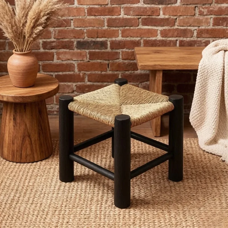 Vintage Rattan Small Bench Solid Wood Footrest Minimalist Entryway Shoe Changing Stool