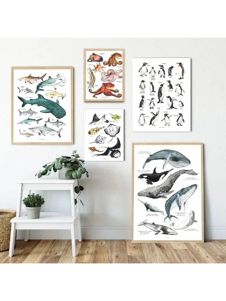 Affiche d'art mural Simple scandinave, rayons, poulpe, baleine, requin, Animal marin, toile HD imprimée, décor de maison, chambre à coucher, salon