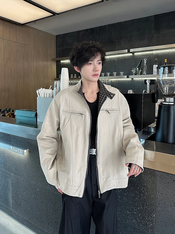 

Heavyweight Waed Cotton Stand Collar Jaet Men's Plaid Splicing Harlington Trendy High-End Workwear Outerwear