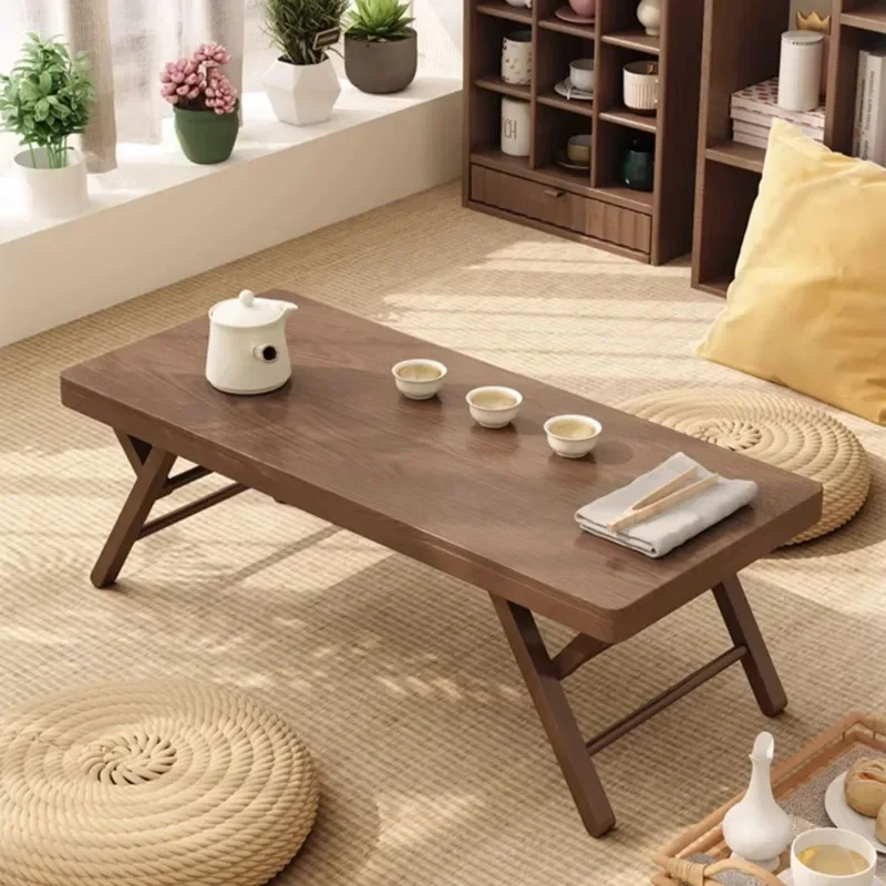 Rubber Wood Coffee Table Foldable Adjustable Small Coffee Table Bedroom Balcony Furniture Space-Saving Portable Home Decor