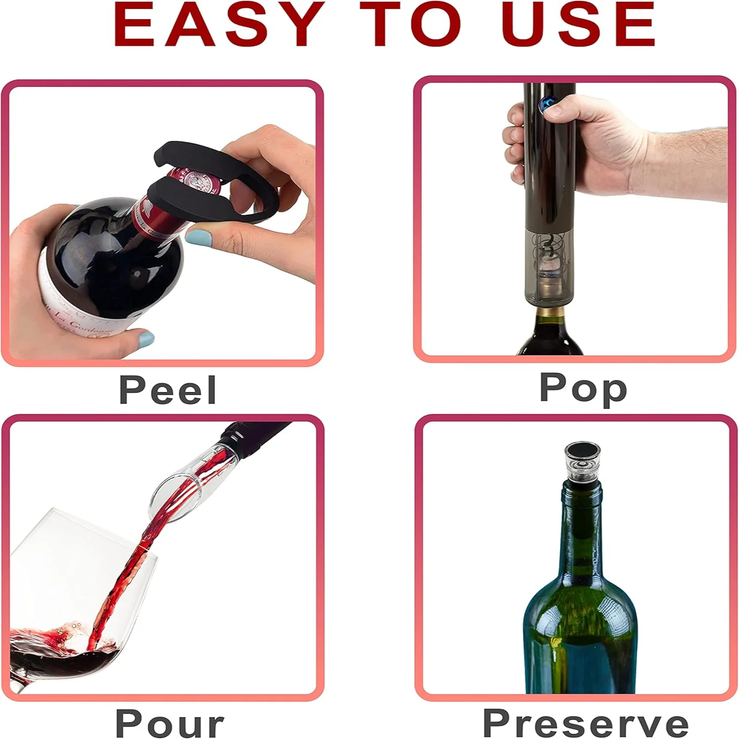 

Set - Rechargeable Wine Bottle Opener - Automatic Corkscrew Opener for Wine with Foil , Wine Pourer, Vacuum Stopper, and USB ch
