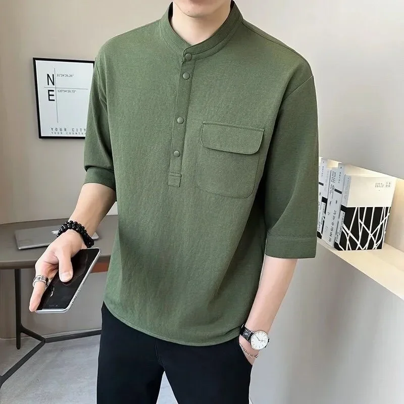 

New Vintage Seven Sleeve T-shirt for Men's Trendy Casual Half Sleeve All Match Short Sleeve Solid Color Popularity Top