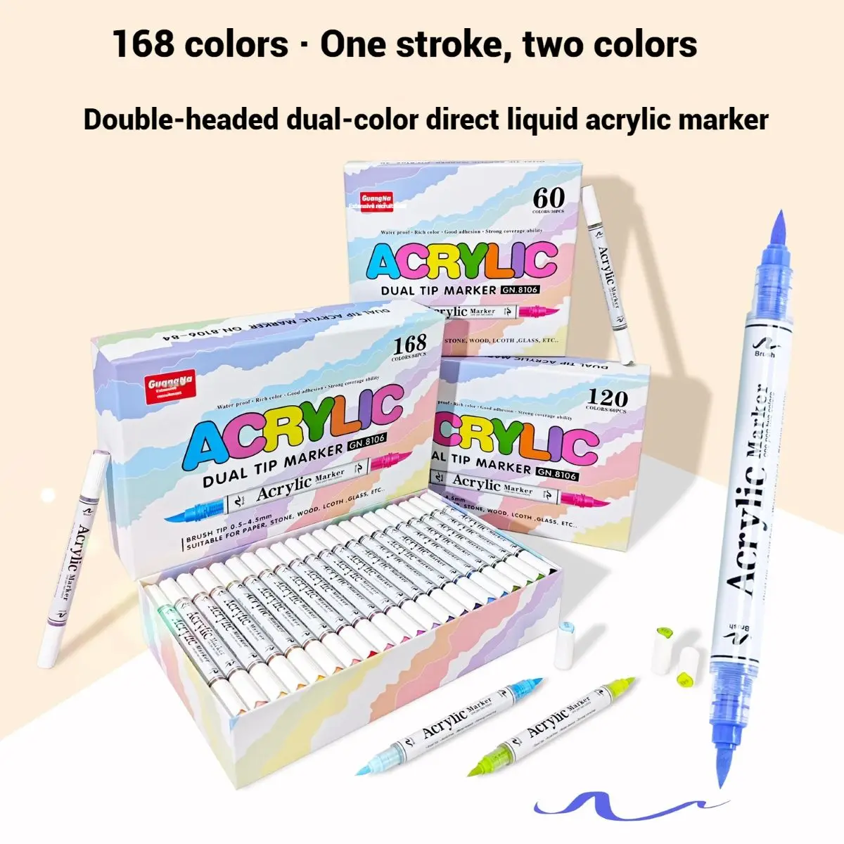 

60-168 Color Acrylic Markers Set Double Nib Vibrant Paint Pens Waterproof for Rock Canvas Wood Stone Art Craft School Stationery