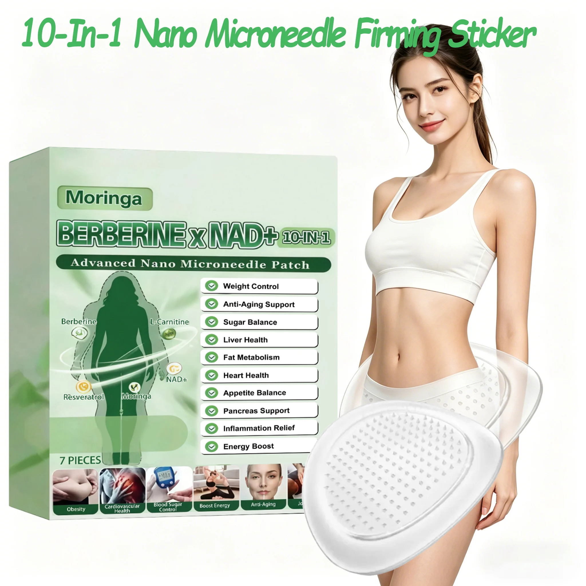 10 In 1 Overnight Microneedle Patch Natural Moringa Berberine NAD Plus Firming Skin Care Soluble Micro Darts Tightening Skincare
