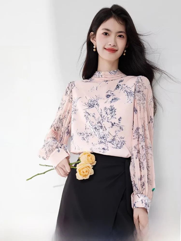 

Элегантная женская шифоновая рубашка для повседневной носки с рукавами-фонариками, цветочным принтом, воротником-стойкой, из полиэфирного волокна, с длинными рукавами, стандартной длины