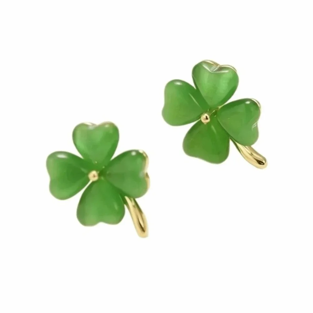 Simple Four-leaf Clover Earrings Cute Sweet Cat's Eye Stone Ear Stud Lucky Flower Handmade Friendship Earrings Spring Summer
